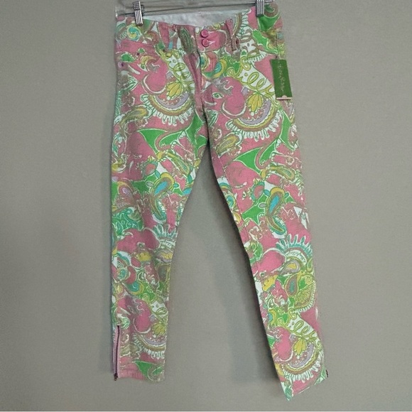 NWT Lilly Pulitzer Worth Skinny Mini Zip Pants 0 Multi Chin Chin Print - Picture 2 of 11
